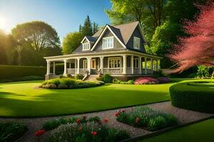 un hermosa casa en el medio de un lozano verde césped. generado por ai foto