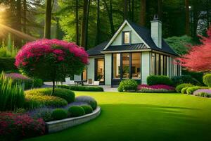 a beautiful garden with a house and flowers. AI-Generated photo