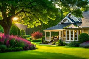 a beautiful home with lush green grass and trees. AI-Generated photo