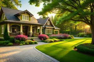 a beautiful home with lush green lawn and trees. AI-Generated photo