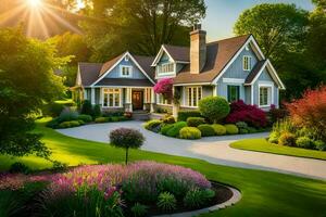 a beautiful house with a driveway and landscaping. AI-Generated photo