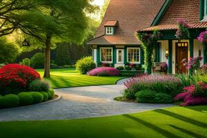 un hermosa casa con un hermosa jardín. generado por ai foto