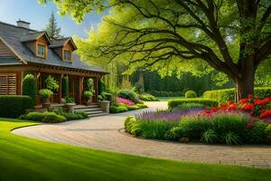 a beautiful garden with a house and trees. AI-Generated photo