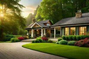 a beautiful home with a driveway and landscaping. AI-Generated photo