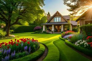 a beautiful garden with a house and lawn. AI-Generated photo