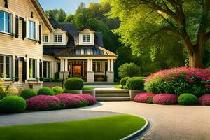 a beautiful home with a driveway and landscaping. AI-Generated photo