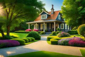 a beautiful house with a garden and trees. AI-Generated photo
