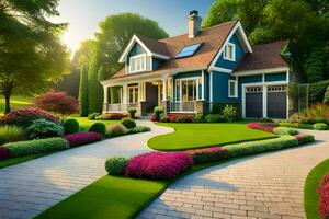 a beautiful house with a garden and landscaping. AI-Generated photo