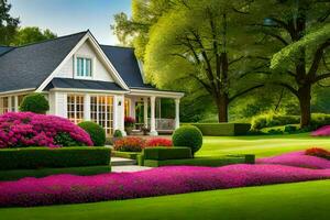 un hermosa casa con rosado flores en el frente patio trasero. generado por ai foto