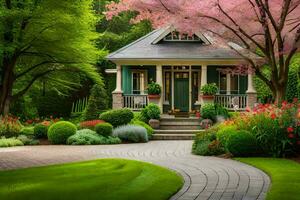 un pequeño casa con un hermosa jardín y floración arboles generado por ai foto