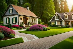 a beautiful home with a driveway and lawn. AI-Generated photo