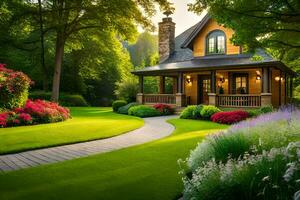 a beautiful house in the middle of a lush green lawn. AI-Generated photo