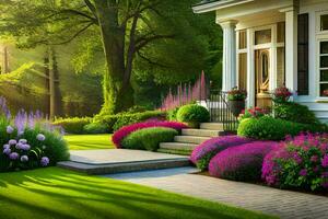 un hermosa jardín con flores y arboles generado por ai foto