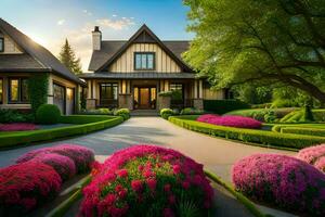 beautiful house with beautiful landscaping and flowers. AI-Generated photo