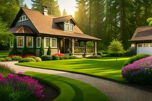 a beautiful garden with a house and a driveway. AI-Generated photo