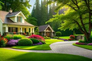 a beautiful house with a driveway and flowers. AI-Generated photo