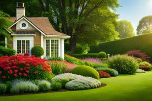 un hermosa jardín con flores y arbustos generado por ai foto