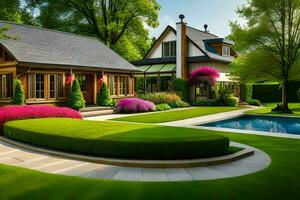 un hermosa jardín con un piscina y césped. generado por ai foto