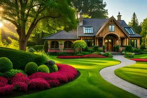 un hermosa jardín con un casa y flores generado por ai foto