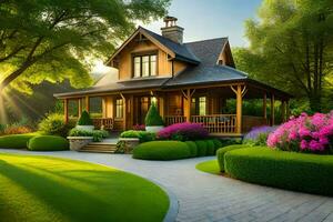 un hermosa casa en el medio de un lozano verde campo. generado por ai foto