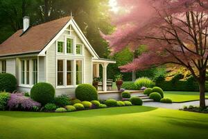 a small house in the middle of a lush green lawn. AI-Generated photo