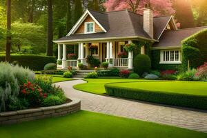 a beautiful house with a garden and landscaping. AI-Generated photo