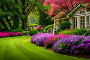 un hermosa jardín con púrpura flores y verde césped. generado por ai foto