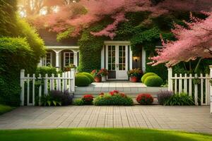 un hermosa jardín con un blanco piquete cerca y rosado flores generado por ai foto