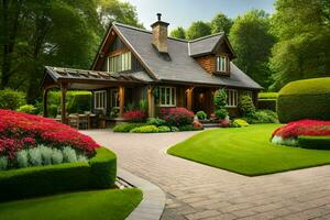 a beautiful home with a garden and flowers. AI-Generated photo