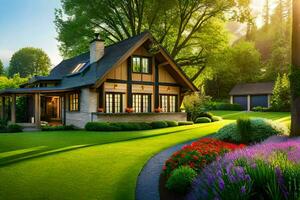 a beautiful house with a lawn and flowers. AI-Generated photo