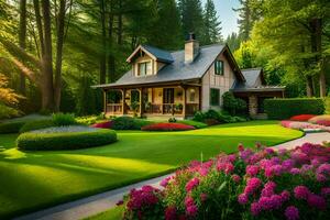 un hermosa jardín con flores y un casa en el medio. generado por ai foto