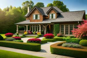 a beautiful home with a garden and landscaping. AI-Generated photo