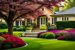 un hermosa jardín con vistoso flores y arboles generado por ai foto