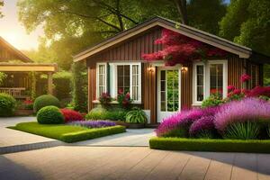 a small house with a garden and flowers. AI-Generated photo