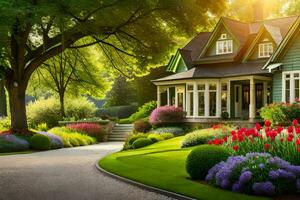 a beautiful house with flowers and trees in the yard. AI-Generated photo