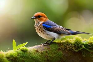 a small bird with a blue head and orange beak sitting on a moss covered branch. AI-Generated photo