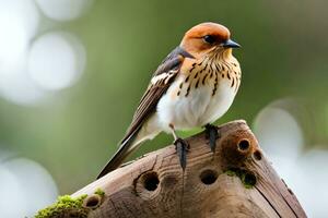 a small bird is sitting on top of a wooden log. AI-Generated photo