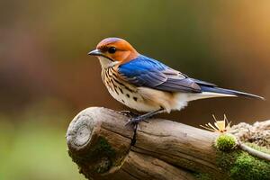 a blue and orange bird sitting on a branch. AI-Generated photo