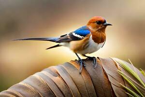 un pequeño pájaro es sentado en parte superior de un hoja. generado por ai foto