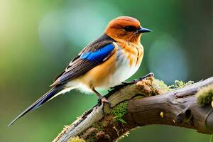 a blue and orange bird is sitting on a branch. AI-Generated photo