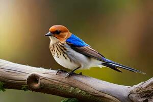 a blue and orange bird sitting on a branch. AI-Generated photo