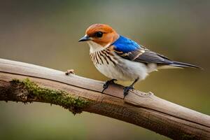 a small bird with a blue and white head sitting on a branch. AI-Generated photo