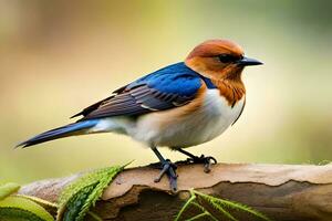 un azul y blanco pájaro sentado en un rama. generado por ai foto