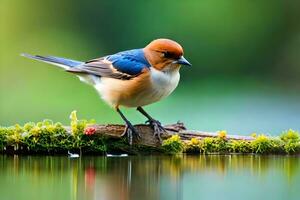 a small bird is standing on a branch near water. AI-Generated photo