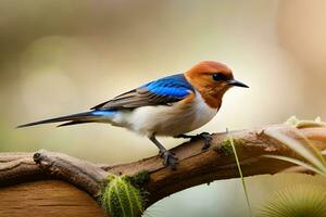 a blue and orange bird sitting on a branch. AI-Generated photo