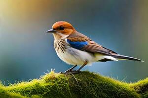 a small bird is sitting on top of a moss covered tree. AI-Generated photo