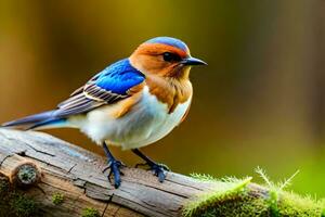 a blue and orange bird sitting on a branch. AI-Generated photo