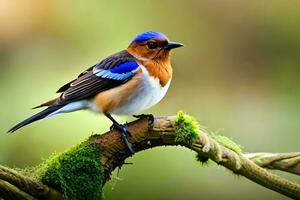 a blue and orange bird sitting on a branch. AI-Generated photo