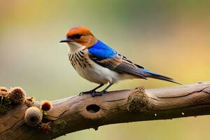 a blue and red bird sitting on a branch. AI-Generated photo