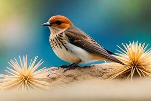 a small bird is sitting on top of a rock. AI-Generated photo